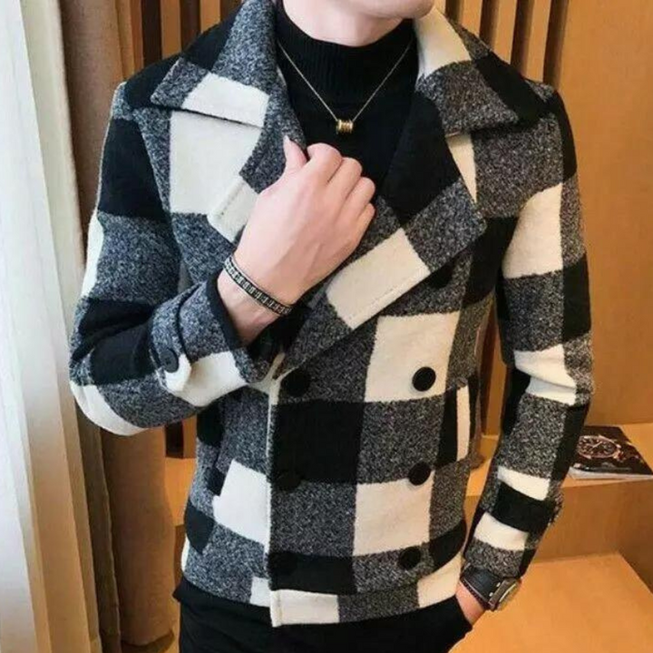 Zwart-wit geruite wollen jas voor heren, dubbele rij knopen, stijlvolle wintermode, casual chique look, warme kleding voor koude dagen.