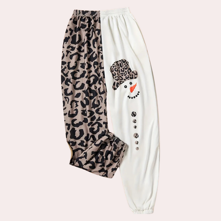 Leopard print en sneeuwpop joggingbroek voor dames, modieuze casual broek met elastische tailleband, trendy winterkleding.