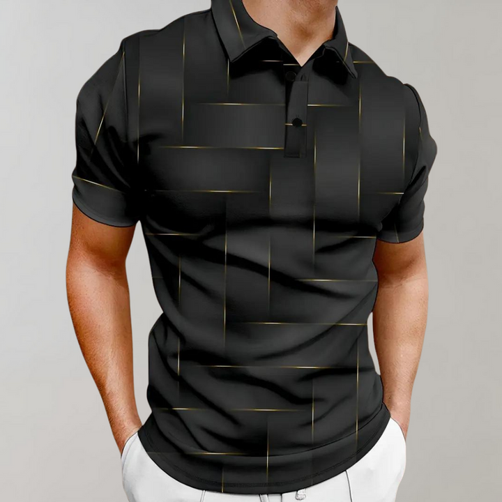 Zwart herenpoloshirt met subtiel geometrisch patroon, korte mouwen en knoopsluiting. Stijlvol en modern design voor casual en formele gelegenheden.