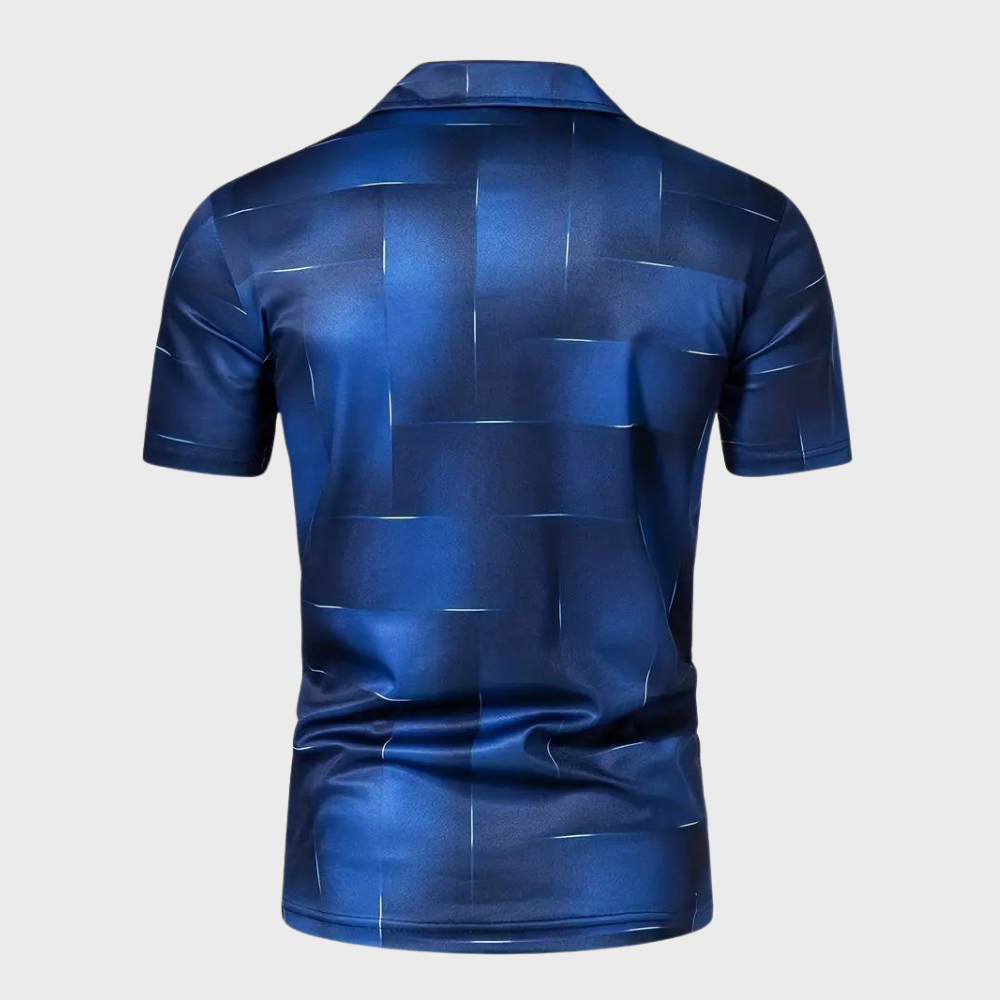 Blauw herenpoloshirt met abstract patroon, korte mouwen en kraag. Stijlvol en modern design, perfect voor casual en zakelijke gelegenheden.