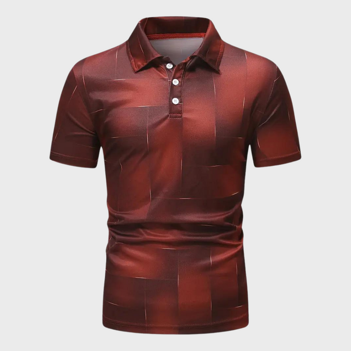 Rood herenpoloshirt met abstract patroon, korte mouwen en knoopsluiting. Stijlvol en modern ontwerp voor casual en formele gelegenheden.
