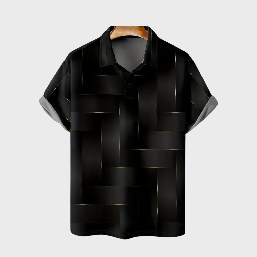 Zwart herenpoloshirt met geweven patroon, korte mouwen en opstaande kraag. Stijlvol en modern design, perfect voor casual en formele gelegenheden.