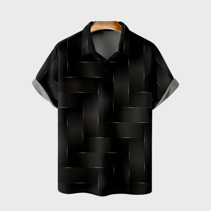 Zwart herenpoloshirt met geweven patroon, korte mouwen en opstaande kraag. Stijlvol en modern design, perfect voor casual en formele gelegenheden.
