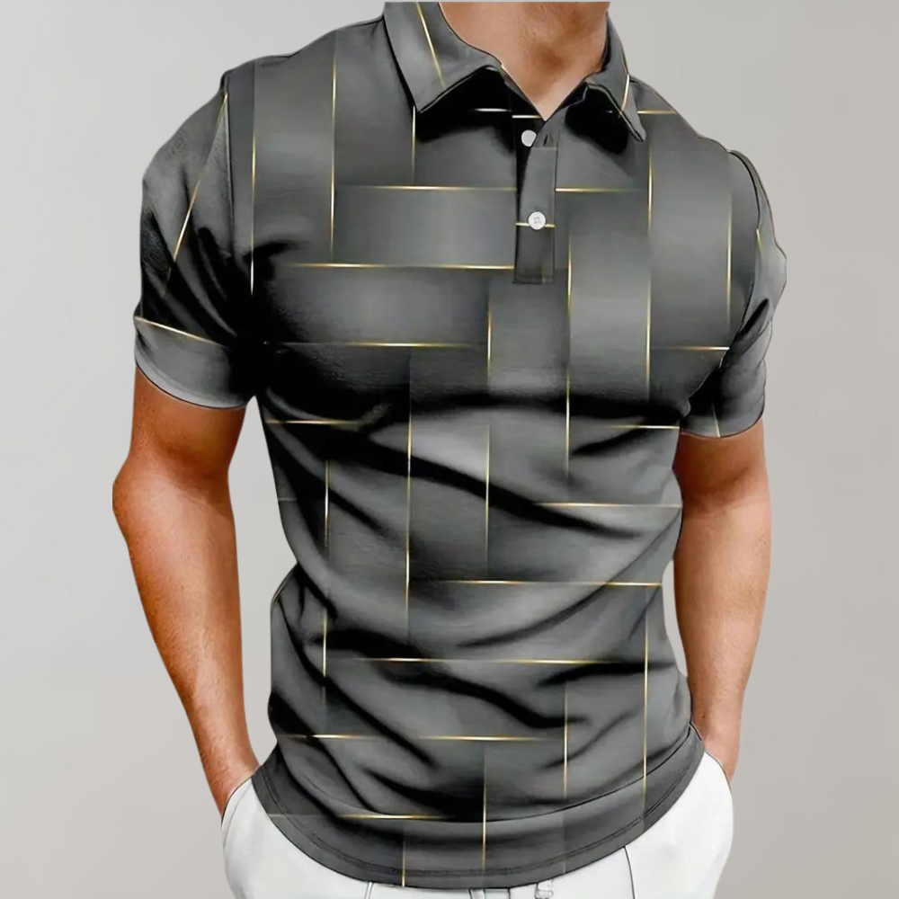 Stijlvol herenpoloshirt met geometrisch patroon, korte mouwen en knoopsluiting. Perfect voor casual en zakelijke gelegenheden.