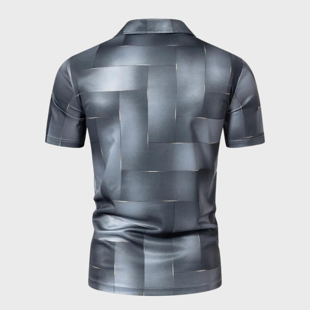 Grijs herenpoloshirt met geometrisch patroon, korte mouwen en klassieke kraag. Stijlvol en modern design voor casual en formele gelegenheden.