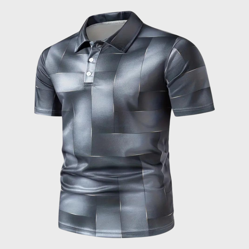 Grijs herenpoloshirt met geometrisch patroon, korte mouwen en knoopsluiting. Stijlvol en modern design, ideaal voor casual en zakelijke gelegenheden.