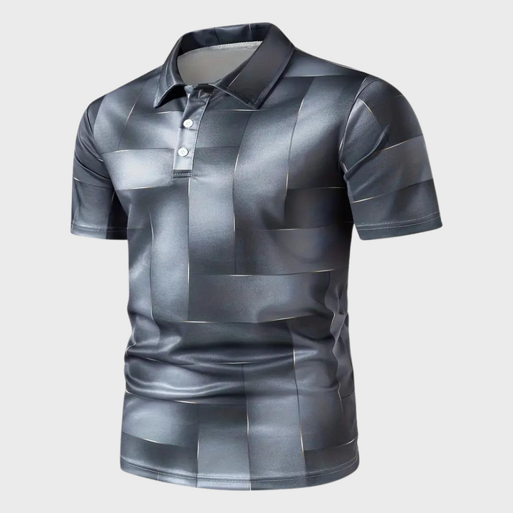 Grijs herenpoloshirt met geometrisch patroon, korte mouwen en knoopsluiting. Stijlvol en modern design, ideaal voor casual en zakelijke gelegenheden.
