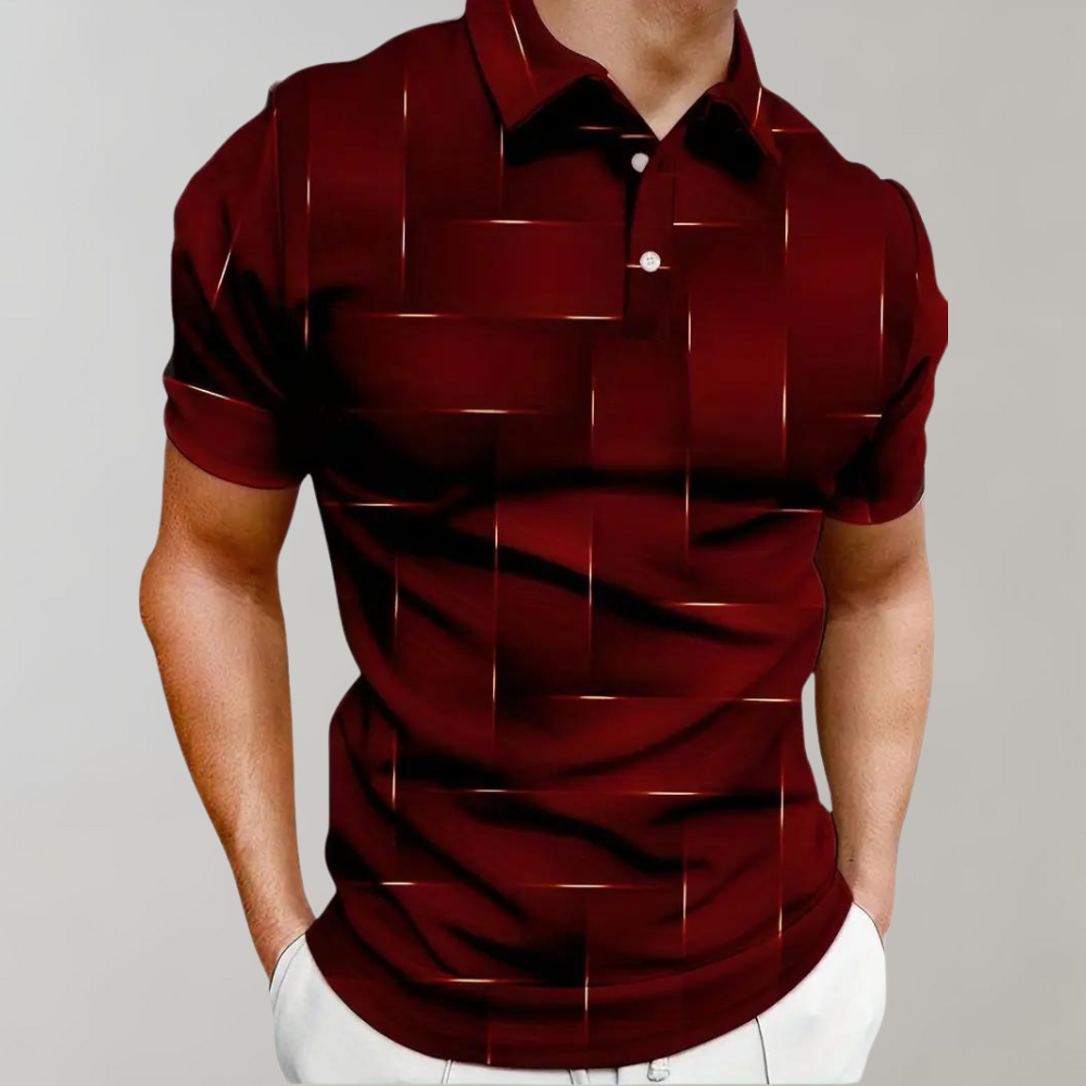 Rood herenpoloshirt met geometrisch patroon, korte mouwen en knoopsluiting. Stijlvol en modern design voor casual en formele gelegenheden.