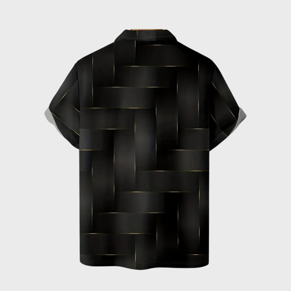 Zwart herenpoloshirt met geweven patroon, korte mouwen en klassieke kraag. Stijlvol en modern design voor casual en formele gelegenheden.