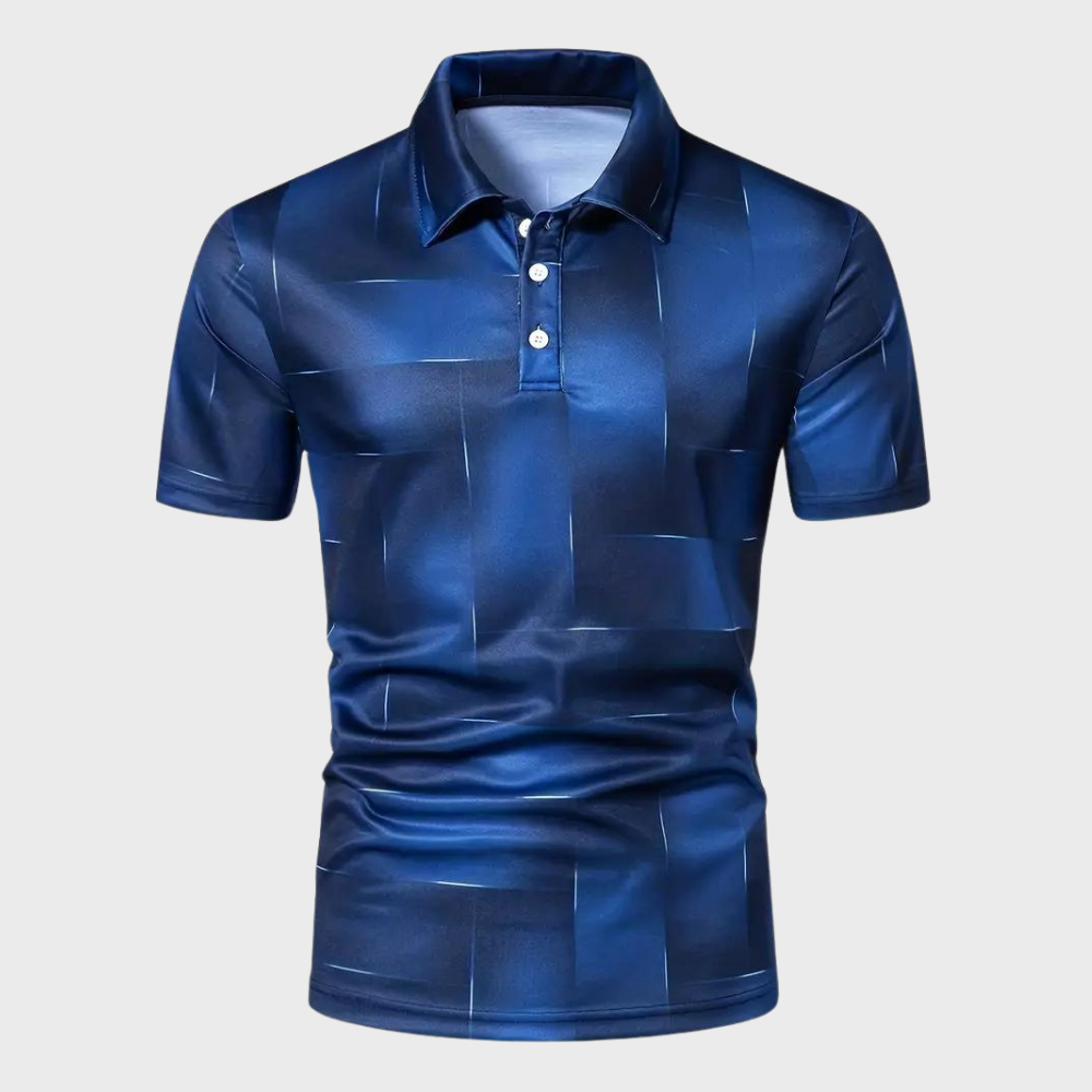 Blauw herenpoloshirt met abstract patroon, korte mouwen en knoopsluiting. Stijlvol en modern design, ideaal voor casual en zakelijke gelegenheden.