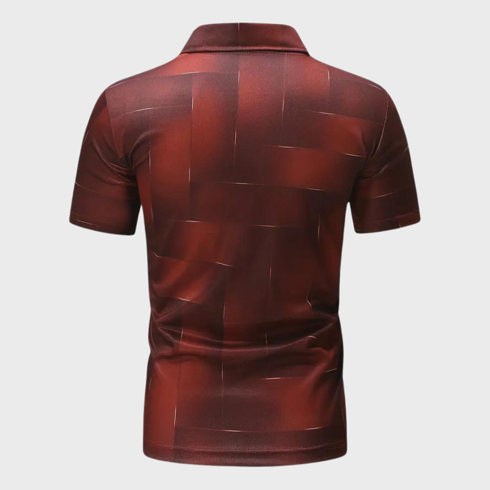 Rood herenpoloshirt met abstract patroon, korte mouwen en kraag. Stijlvol en modern ontwerp, ideaal voor casual en zakelijke gelegenheden.