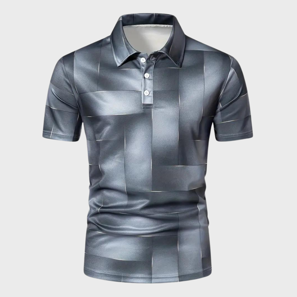 Grijs herenpoloshirt met geometrisch patroon, korte mouwen en knoopsluiting. Stijlvol en modern design, ideaal voor casual en zakelijke gelegenheden.