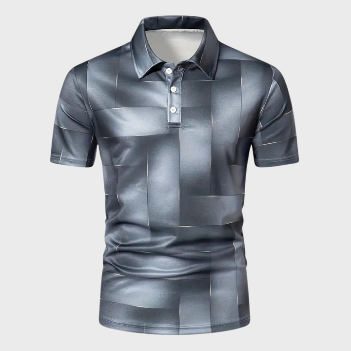 Grijs herenpoloshirt met geometrisch patroon, korte mouwen en knoopsluiting. Stijlvol en modern design, ideaal voor casual en zakelijke gelegenheden.