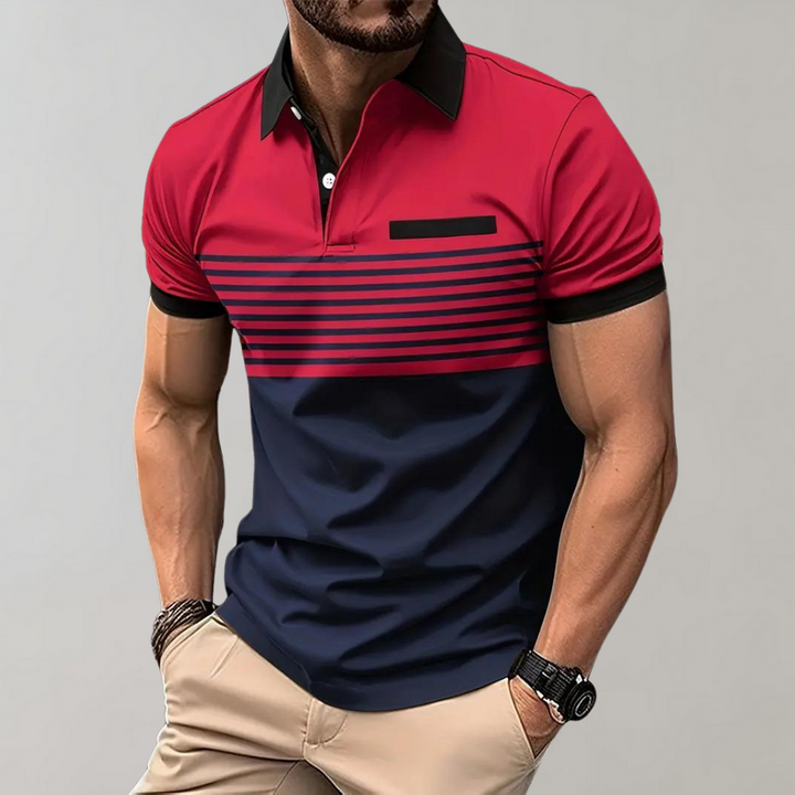 Gestreept herenpoloshirt in rood en marineblauw, korte mouwen, zwarte kraag, casual stijl. Perfect voor modieuze mannen.