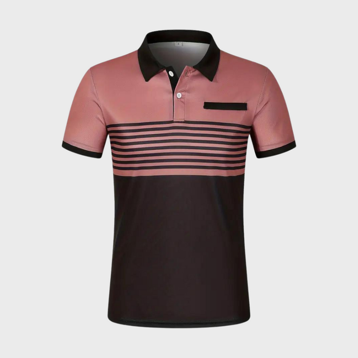 Gestreept herenpoloshirt in roze en zwart, korte mouwen, knoopsluiting, borstzakje, casual en stijlvol ontwerp. Perfect voor modieuze mannen.