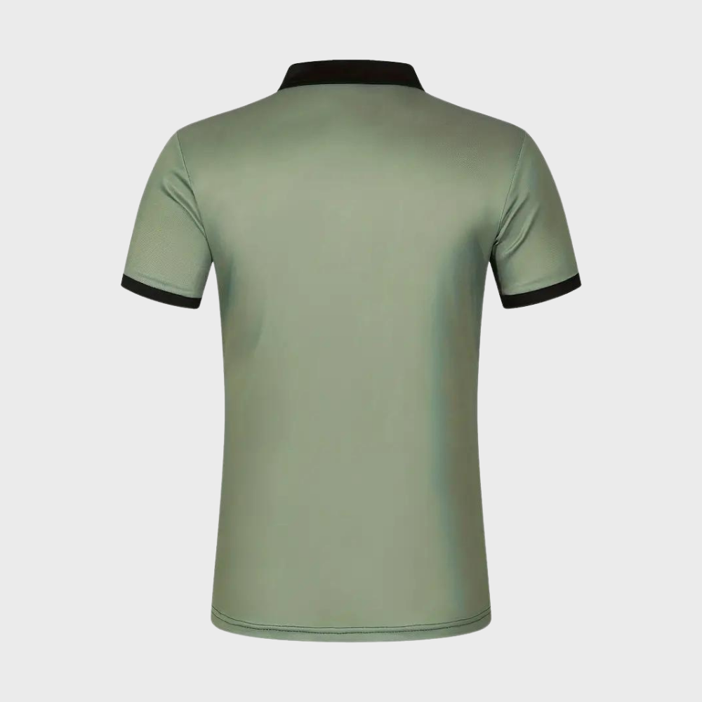 Groene herenpolo met zwarte kraag en mouwboorden, gestreept patroon, korte mouwen. Perfect voor casual en zakelijke gelegenheden.