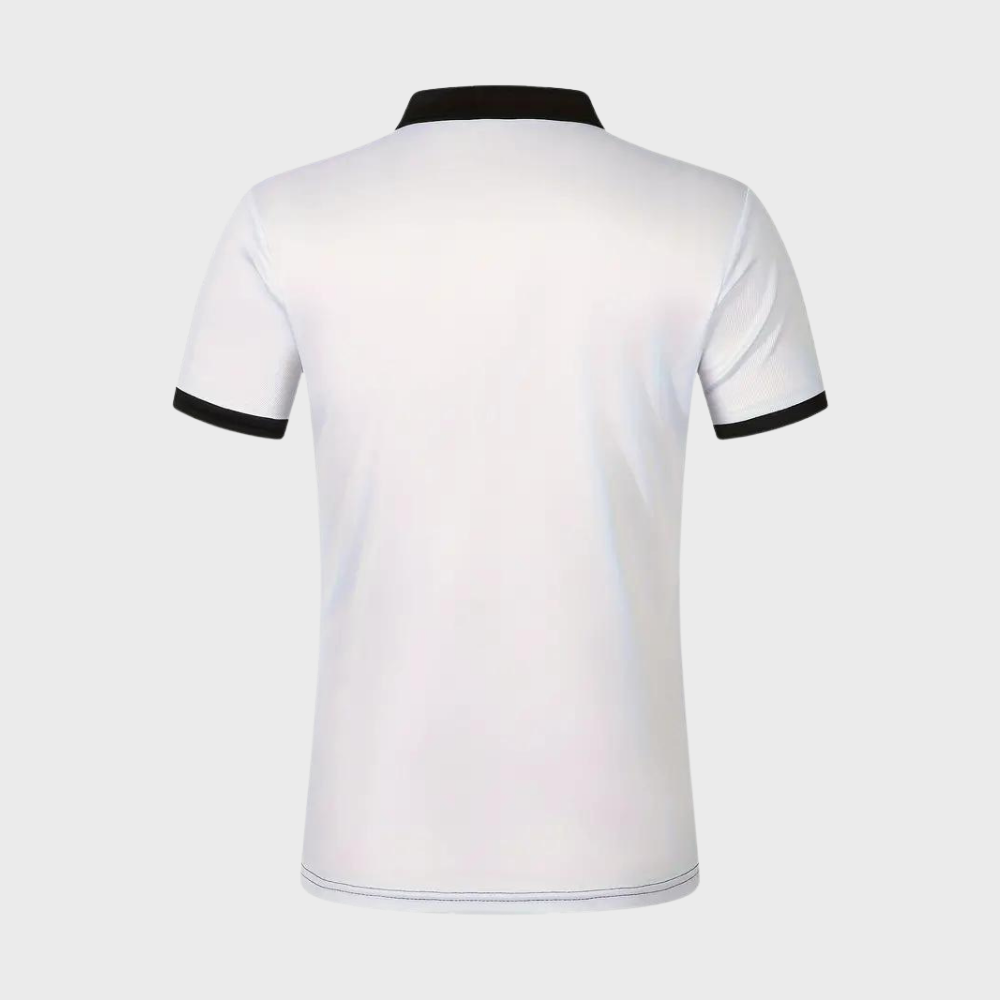 Wit herenpoloshirt met zwarte kraag en mouwboorden, gestreept design, korte mouwen. Perfect voor casual en formele gelegenheden.
