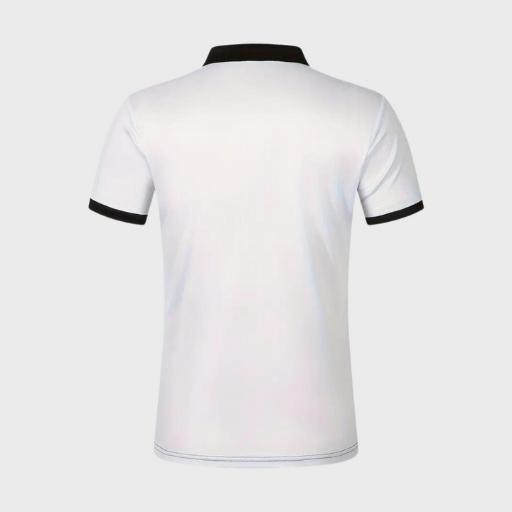 Wit herenpoloshirt met zwarte kraag en mouwboorden, gestreept design, korte mouwen. Perfect voor casual en formele gelegenheden.