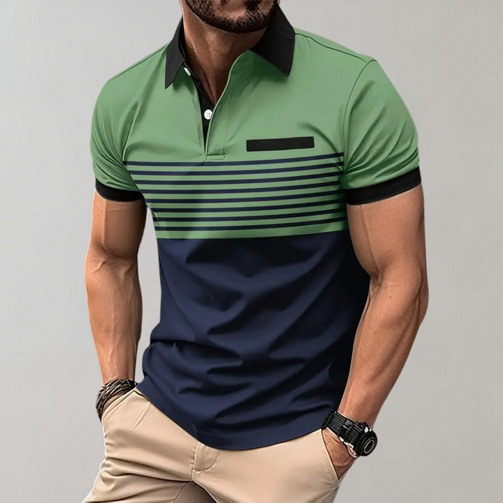 Gestreept herenpoloshirt in groen en marineblauw, korte mouwen, contrasterende kraag, casual stijl, geschikt voor modebewuste mannen.