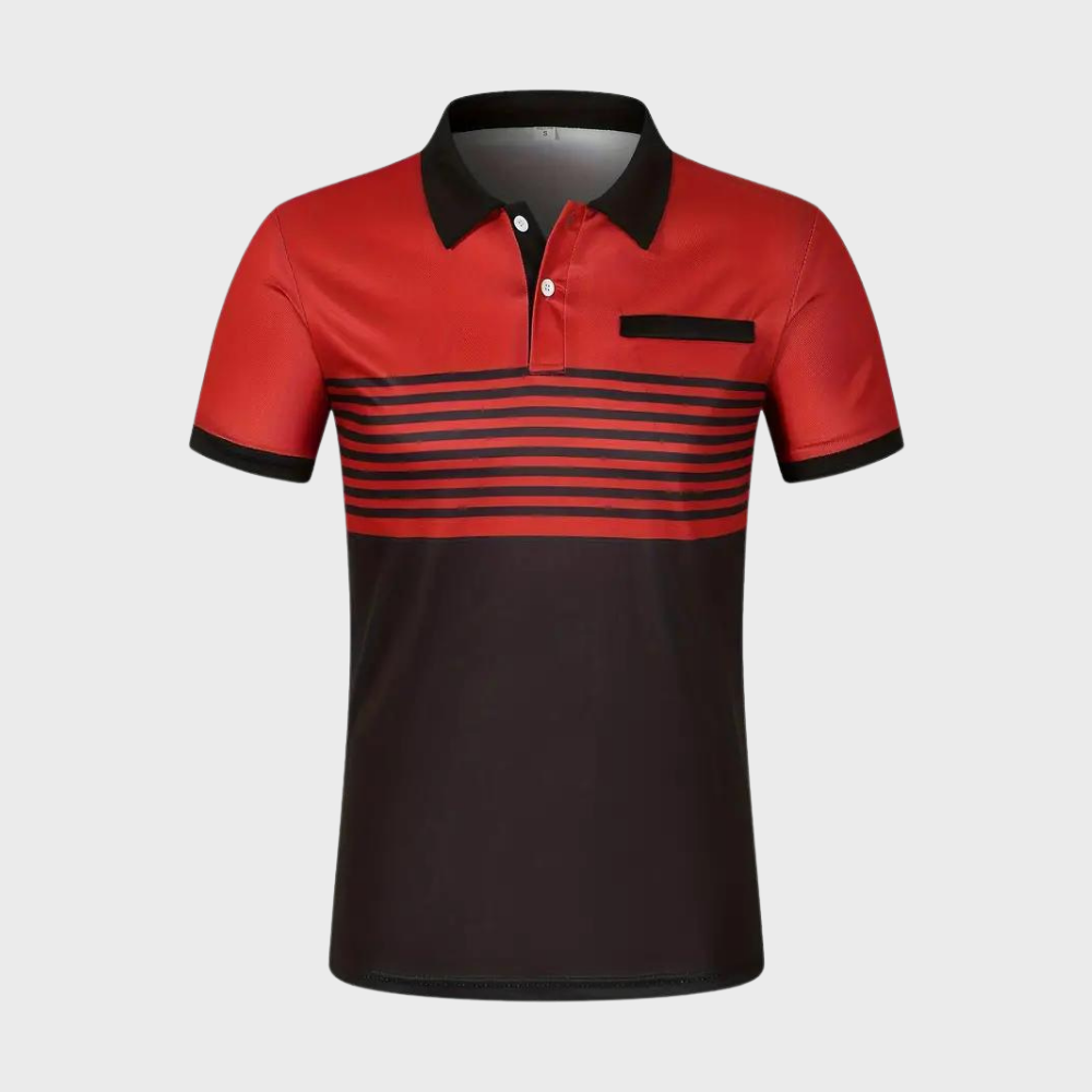 Rood-zwart gestreept herenpoloshirt met knoopsluiting en borstzak, modieus ontwerp, comfortabele pasvorm, ideaal voor casual en sportieve gelegenheden.