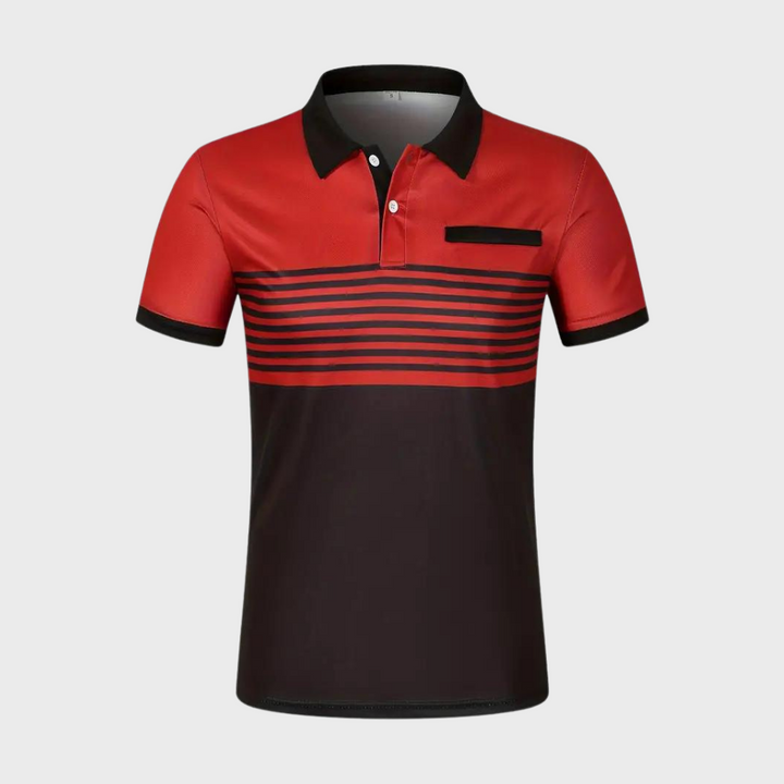 Rood-zwart gestreept herenpoloshirt met knoopsluiting en borstzak, modieus ontwerp, comfortabele pasvorm, ideaal voor casual en sportieve gelegenheden.