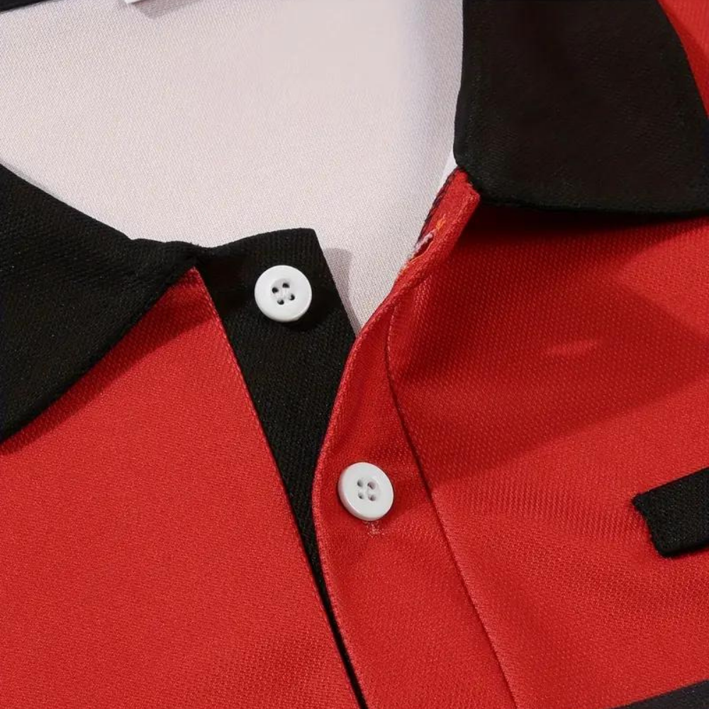 Rood en zwart gestreept herenpoloshirt met knoopsluiting en kraag, stijlvolle casual mode, hoogwaardige stof, trendy herenkleding.