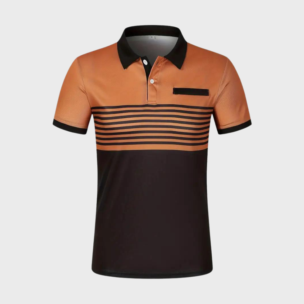 Oranje-zwart gestreept herenpoloshirt met kraag en borstzak, modieus en casual, perfect voor dagelijks gebruik en sportieve gelegenheden.