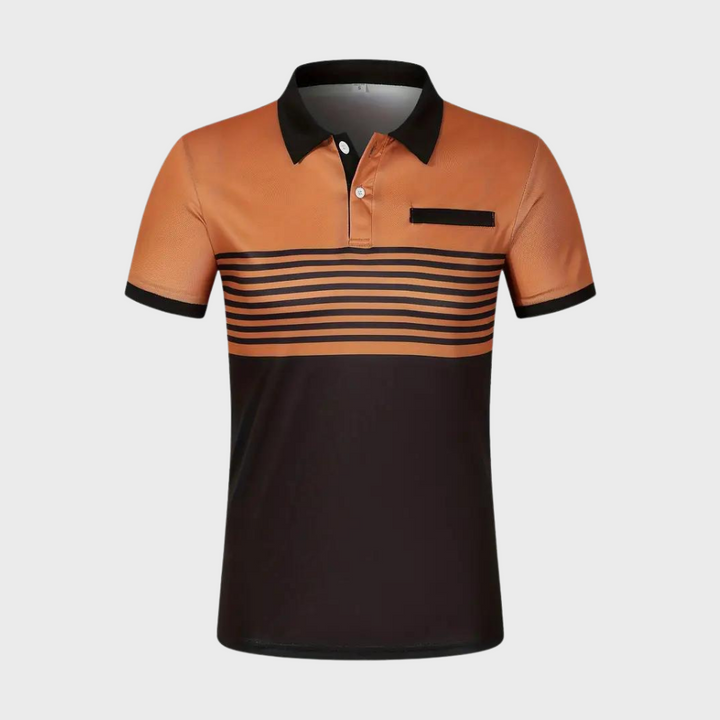 Oranje-zwart gestreept herenpoloshirt met kraag en borstzak, modieus en casual, perfect voor dagelijks gebruik en sportieve gelegenheden.