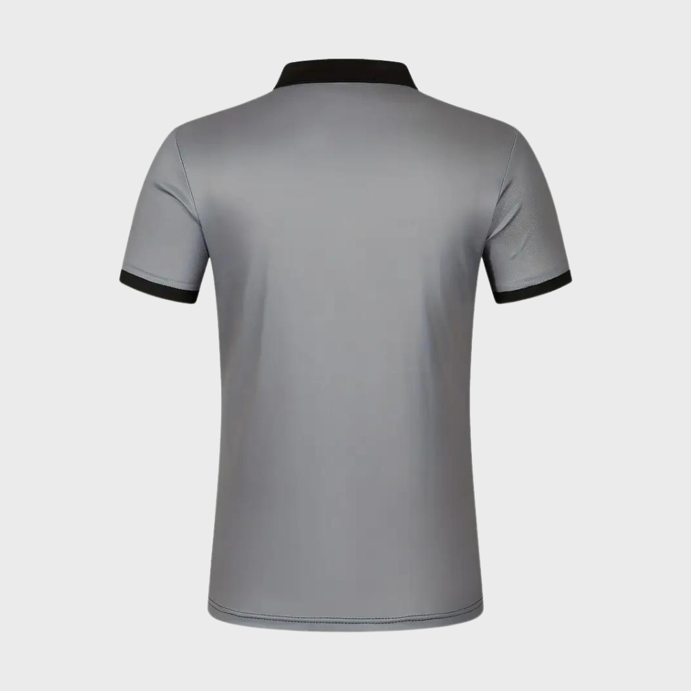 Grijs herenpoloshirt met zwarte kraag en mouwboorden, gestreept patroon, stijlvolle casual mode, hoogwaardige stof, comfortabele pasvorm.