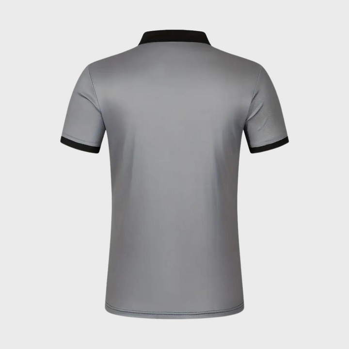 Grijs herenpoloshirt met zwarte kraag en mouwboorden, gestreept patroon, stijlvolle casual mode, hoogwaardige stof, comfortabele pasvorm.