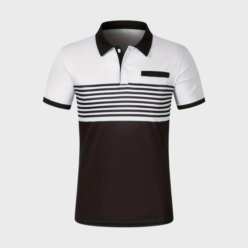 Gestreept herenpoloshirt, zwart-wit design, korte mouwen, knoopsluiting, borstzakje, casual en stijlvol, perfect voor dagelijks gebruik.