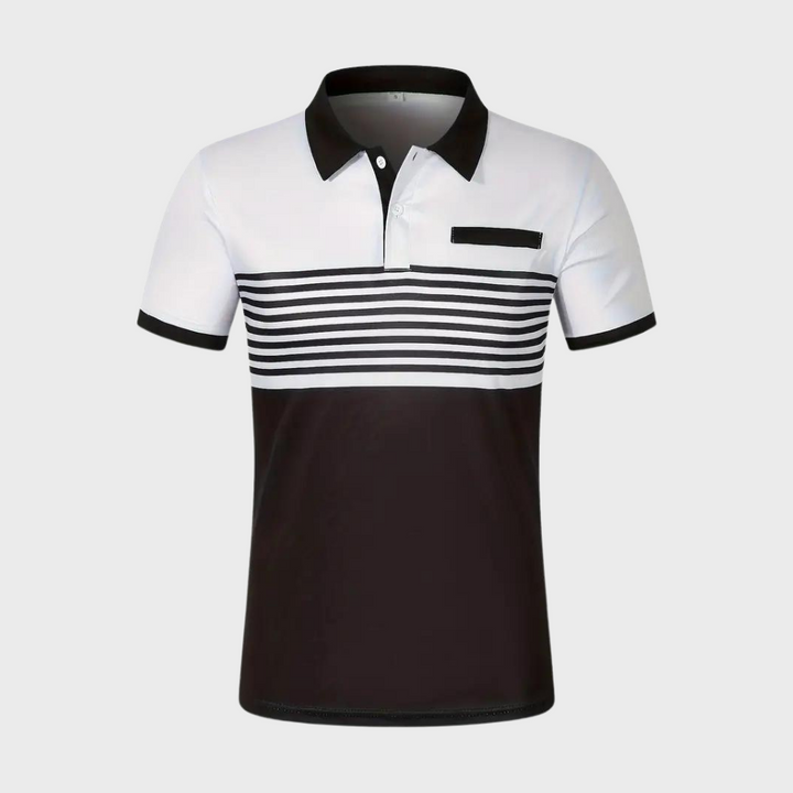 Gestreept herenpoloshirt, zwart-wit design, korte mouwen, knoopsluiting, borstzakje, casual en stijlvol, perfect voor dagelijks gebruik.