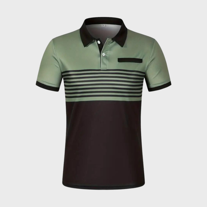 Gestreept herenpoloshirt in groen en zwart, korte mouwen, knoopsluiting, borstzakje. Stijlvol en modern design voor casual en formele gelegenheden.