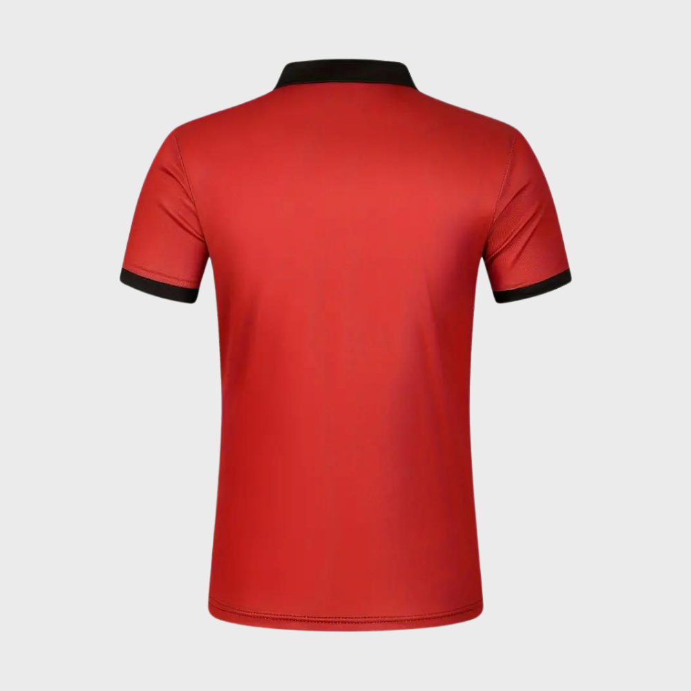 Rood herenpoloshirt met zwarte kraag en mouwboorden, gestreept design, modieuze casual kleding, perfect voor dagelijks gebruik.