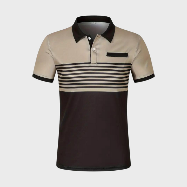 Gestreept herenpoloshirt in beige en zwart, korte mouwen, knoopsluiting, borstzakje. Stijlvol en modern design voor casual en formele gelegenheden.