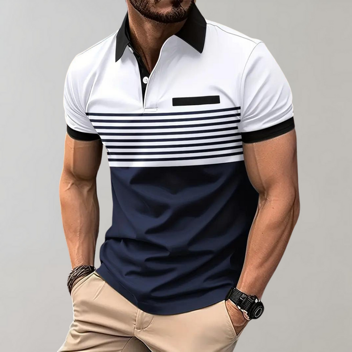 Gestreept herenpoloshirt met korte mouwen, wit en donkerblauw, contrasterende kraag, stijlvolle casual mode, perfect voor zomerse outfits.