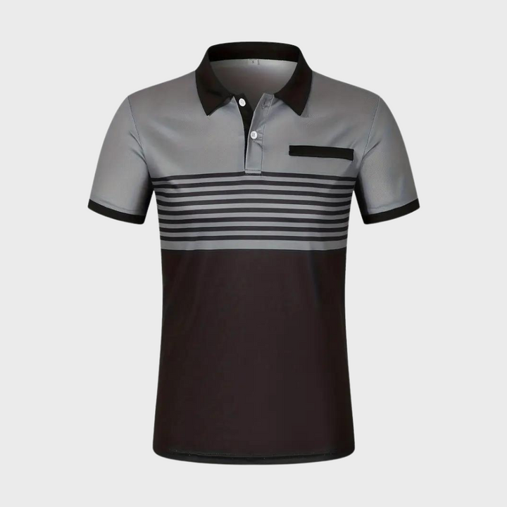 Gestreept herenpoloshirt in grijs en zwart, korte mouwen, knoopsluiting, borstzak. Stijlvol en modern design voor casual en formele gelegenheden.