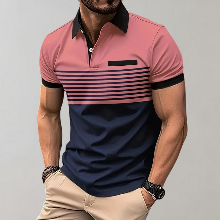 Gestreept herenpoloshirt in roze en marineblauw, korte mouwen, zwarte kraag, stijlvolle casual mode, geschikt voor zomer en lente.