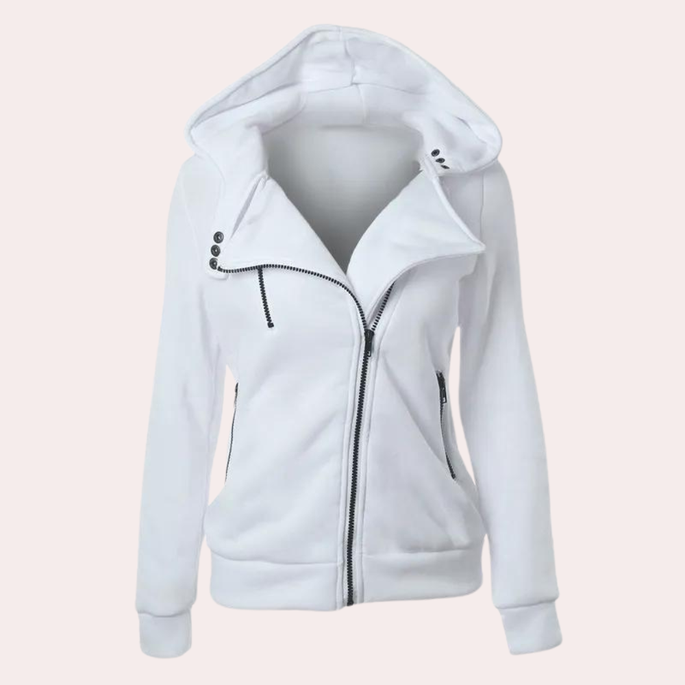 Witte dames hoodie met rits en capuchon, voorzien van knopen en zakken. Comfortabele en stijlvolle sweater voor casual en sportieve outfits.