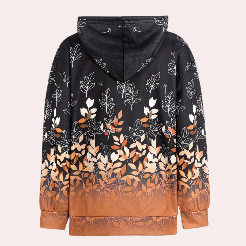 Zwarte hoodie met herfstbladeren print, unisex design, lange mouwen, casual streetwear, comfortabele pasvorm, ideaal voor herfstmode.