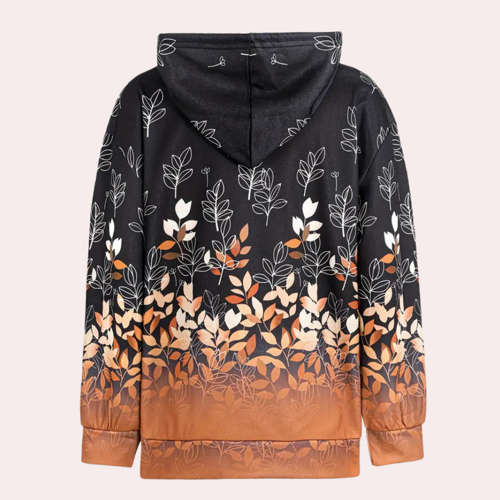 Zwarte hoodie met herfstbladeren print, unisex design, lange mouwen, casual streetwear, comfortabele pasvorm, ideaal voor herfstmode.