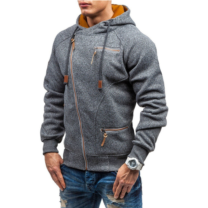 Grijze heren hoodie met rits, capuchon en zakken, casual streetwear. Perfect voor herfst en winter. Comfortabele pasvorm, modieuze stijl.