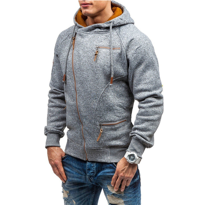 Grijze heren hoodie met rits, capuchon en zakken, casual streetwear, comfortabele pasvorm, ideaal voor dagelijks gebruik en herfstmode.