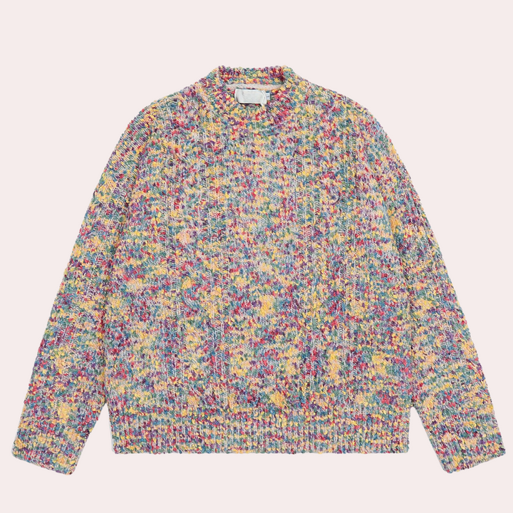 Kleurrijke gebreide trui met veelkleurig patroon, ronde hals en lange mouwen. Perfect voor herfstmode en casual outfits. Unisex design.