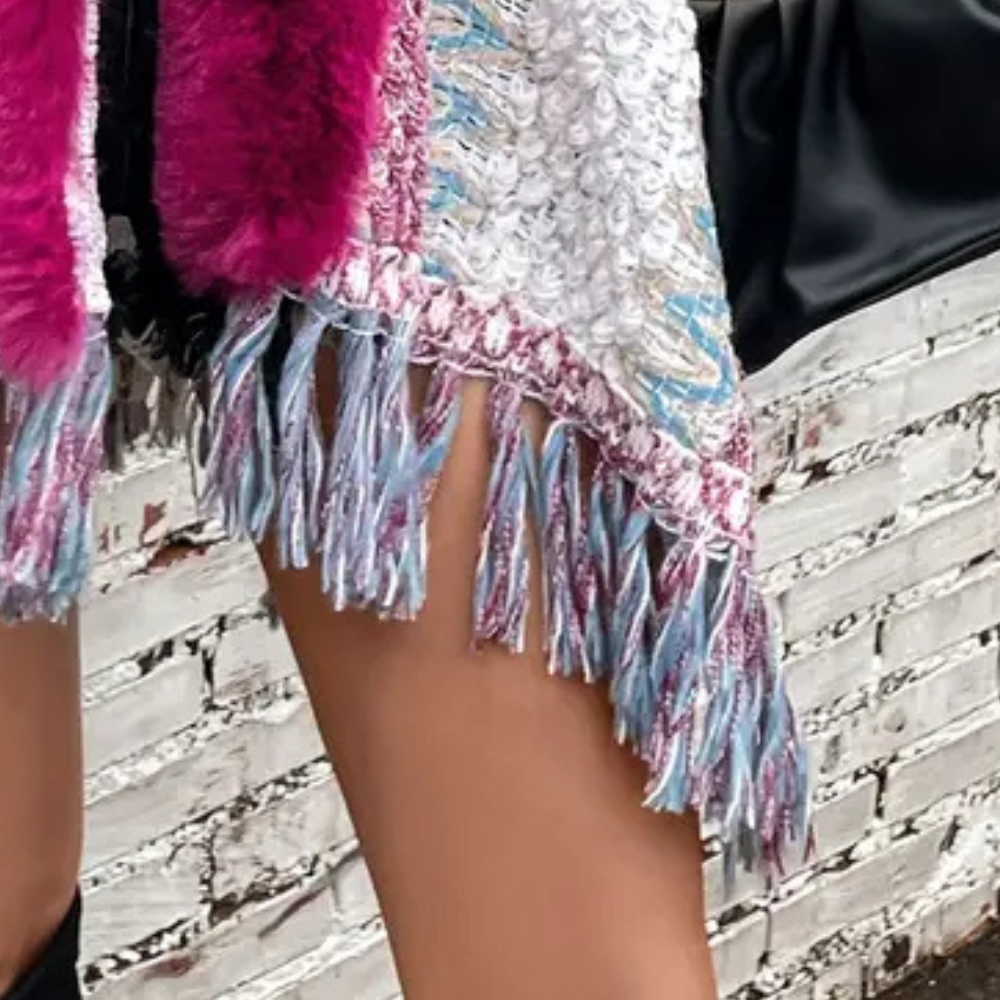 Vrouw draagt kleurrijke gehaakte poncho met franjes, roze en witte tinten, tegen bakstenen muur. Modieuze boho-stijl kledingaccessoire.