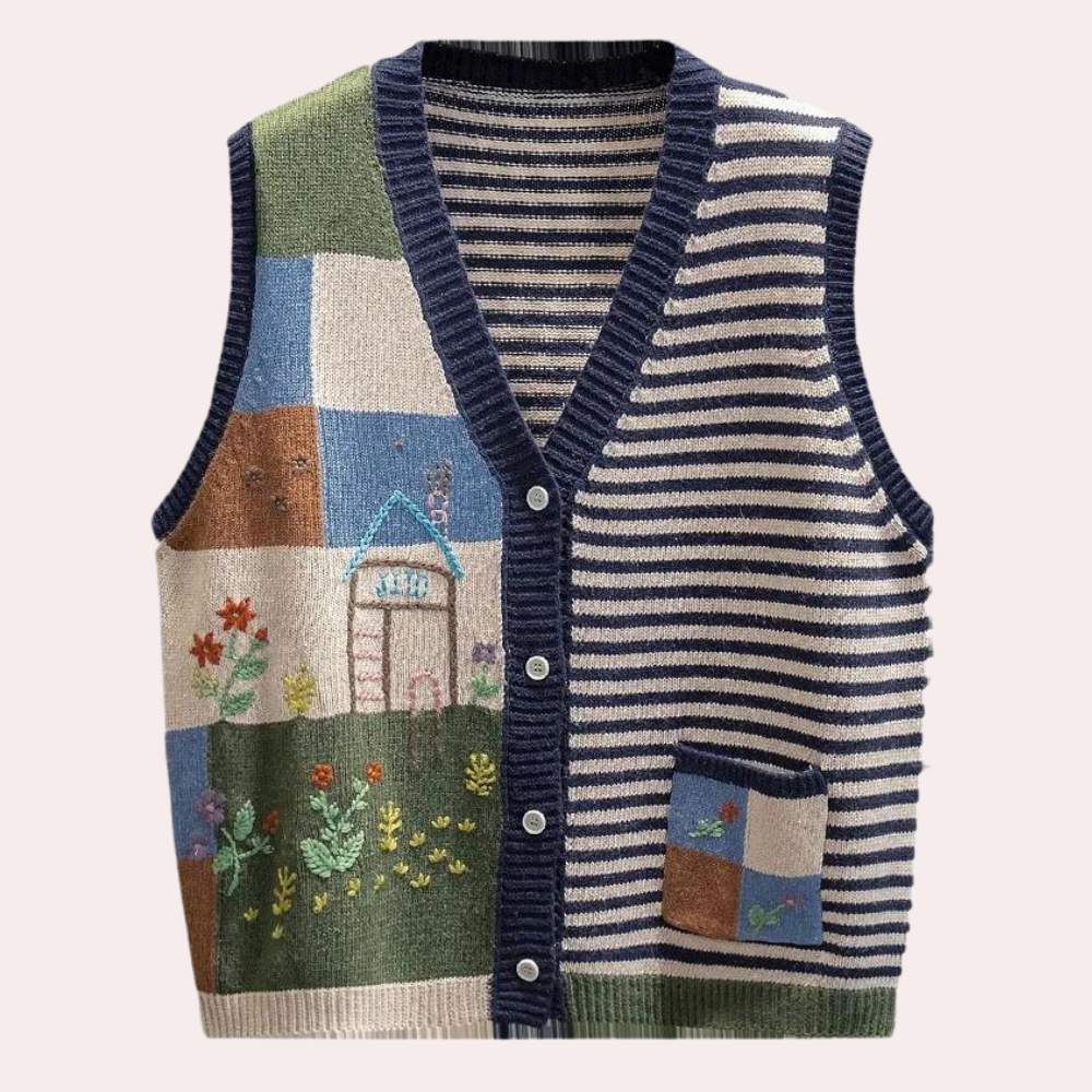 Gebreid vest met V-hals, kleurrijk patchwork ontwerp, strepen en bloemenpatroon, knoopsluiting, zakdetail, damesmode, trendy herfstkleding.
