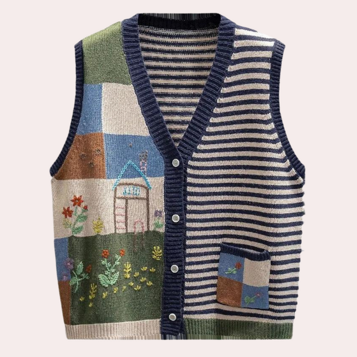 Gebreid vest met V-hals, kleurrijk patchwork ontwerp, strepen en bloemenpatroon, knoopsluiting, zakdetail, damesmode, trendy herfstkleding.