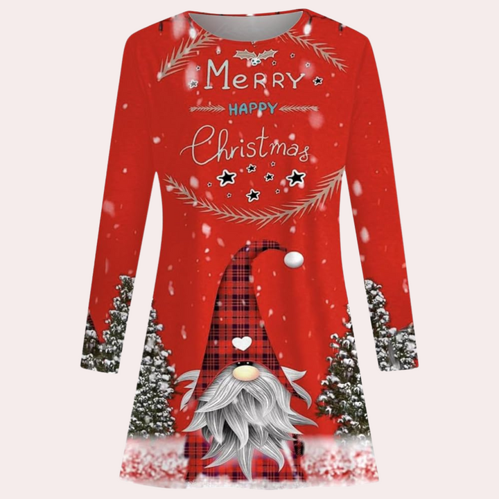 Rode kerstjurk met lange mouwen, kerstman-gnome print, sneeuwvlokken en "Merry Christmas" tekst. Perfect voor feestelijke gelegenheden.