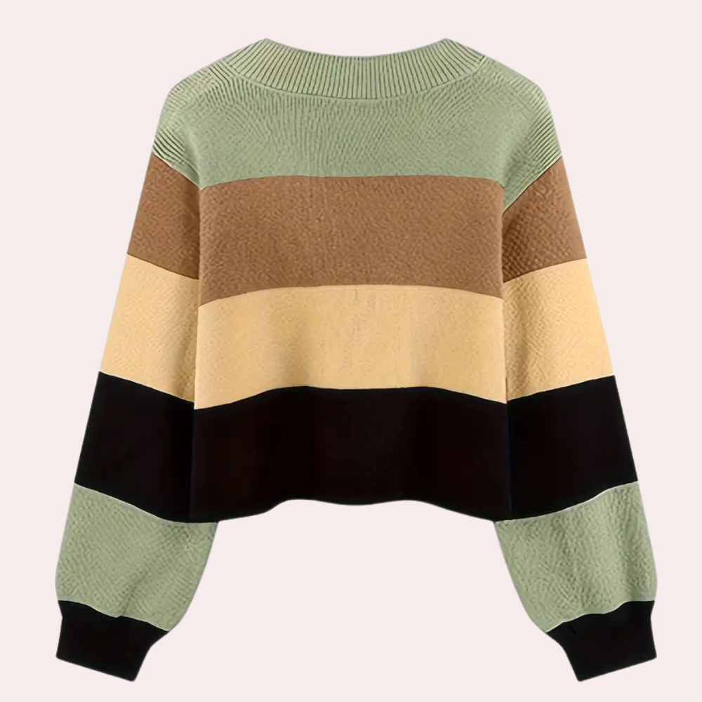 Gestreepte trui dames, oversized, met lange mouwen, in groen, bruin, beige en zwart. Modieuze herfstkleding, comfortabele casual stijl.