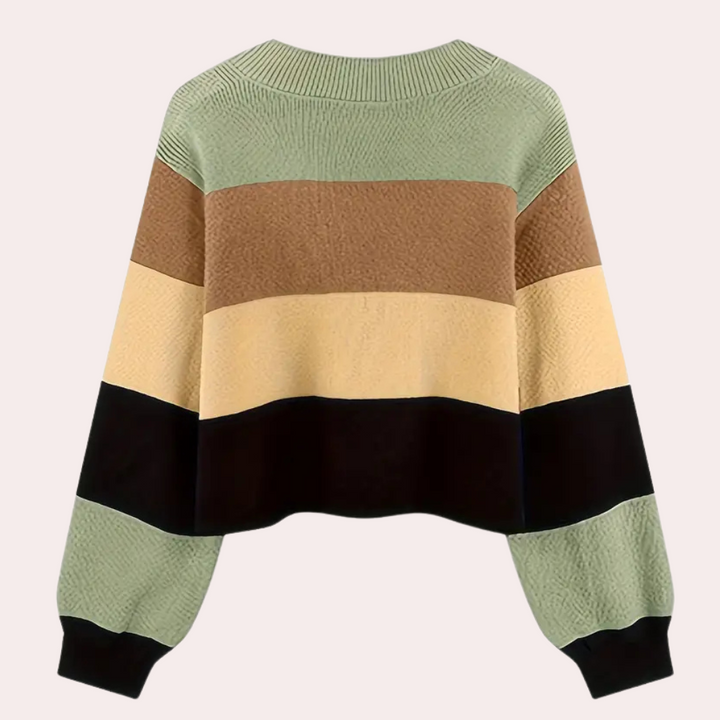 Gestreepte trui dames, oversized, met lange mouwen, in groen, bruin, beige en zwart. Modieuze herfstkleding, comfortabele casual stijl.